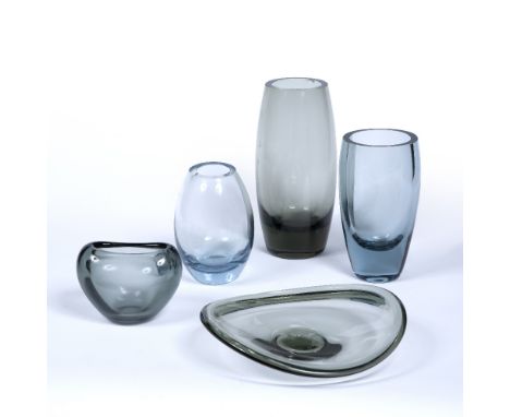 Per Lutken (1916-1998) for Holmegaard  Menuet vase, sky blue vase, smoky grey vase, grey dish, each marked the base, together