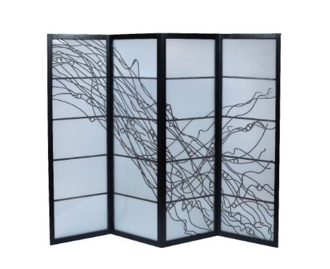 Chinks Vere Grylls (British, Contemporary) Four fold white/clear glass screen, 1979 Framed in ebonised mahogany with interloc
