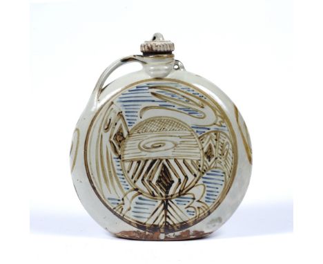 Svend Bayer (b.1946) at Wenford bridge  studio pottery water flagon decorated with fish and water bird impressed marks to the