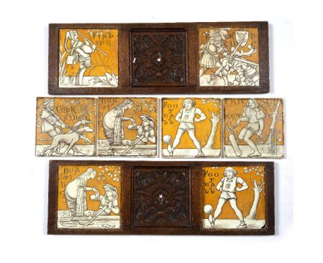 Eight Minton 'Old English Sports and Games' tiles three set into wooden frames, each stamped 'Mintons Art Pottery Studio, Ken