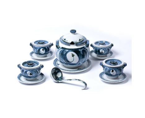 Simon Middleton for Aldermaston Pottery soup tureen on stand with matching ladle and four soup bowls with covers and plates, 