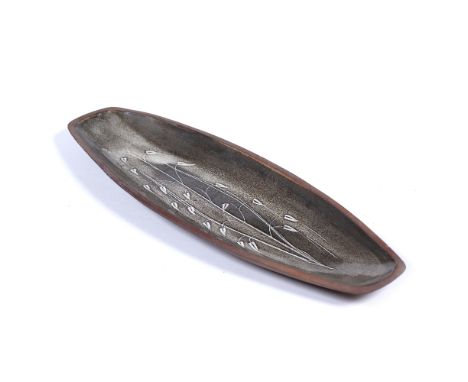 David Leach (1911-2005)  earthenware studio pottery dish decorated with leaves  impressed seal mark to the base 45cm