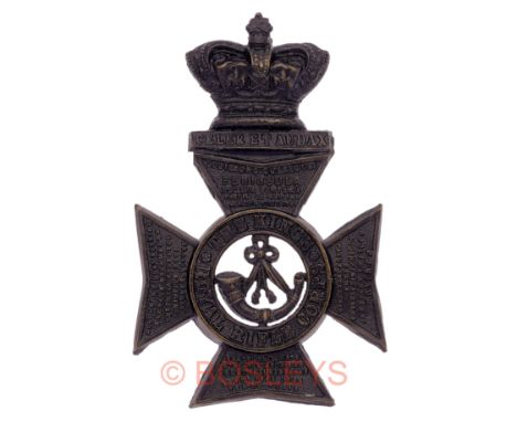 King’s Royal Rifle Corps Victorian OR’s helmet plate circa 1883-93.A good die-stamped blackened brass example. Maltese cross 