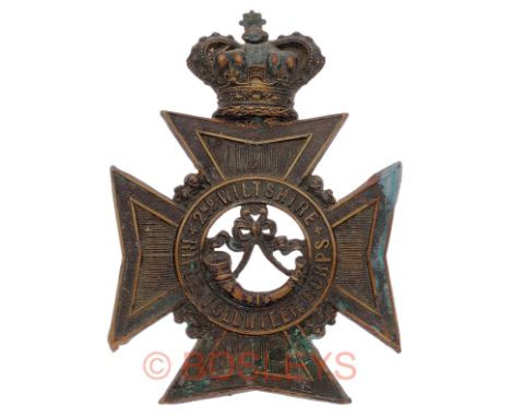 2nd Wiltshire Rifle Volunteer Corps Victorian OR’s helmet plate. A good scarce die-stamped blackened brass example . Crowned 