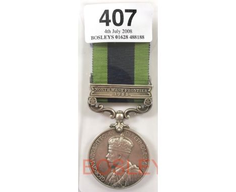 Highland Light Infantry India General Service Medal, Clasp “North West Frontier 1935”.Awarded to “3308631 PTE D. MORLAND HLI”