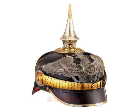 WW1 Imperial German Prussia Guard Battalion Officer’s Pickelhaube.A fine rare example, the black leather skull retains a good