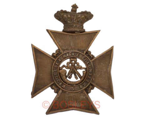 5th Middlesex Rifle Volunteers Victorian OR’s helmet plate circa 1878-81.A good die-stamped brass example.  Crowned lined Mal
