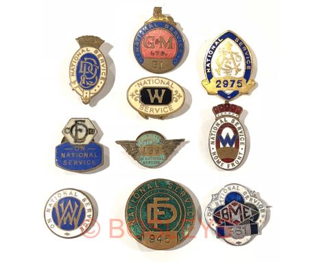WW2 Home Front Selection of “National Service” Factory Badges.Comprising 10 examples nine complete with fittings, some enamel