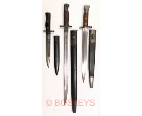 Three British Military Bayonets.Comprising: 1907 Pattern bayonet by Wilkinson August 1917, housed in scabbard. ... 1897 dated