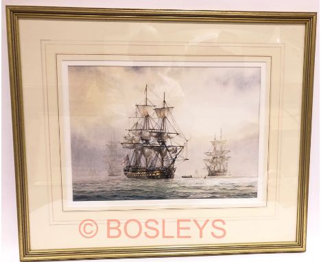 HMS Agamemnon Admiral Nelson’s Favourite Ship. Watercolour by David C Bell.A fine study of the 64 gun ship at anchor. She is 