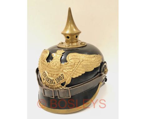 WW1 Imperial German Prussian Grenadier-Regiment 9 Pickelhaube.A good example, the black fibre skull retains a good shape and 