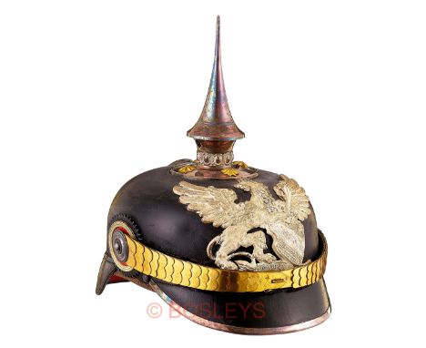 WW1 Imperial German Baden Officer’s Pickelhaube.A fine example, the black leather skull retains a good shape and is mounted t