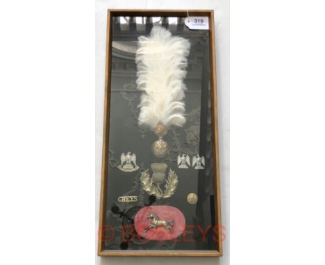 Royal Scots Greys framed OR’s insignia.Victorian brass bearskin plume holder with large white feather plume ... large brass b