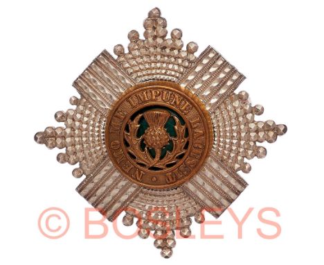 Scots Guards 1909 London hallmarked silver Officer’s forage cap badge.A good example by JWB & Co.  Thistle star mounted with 