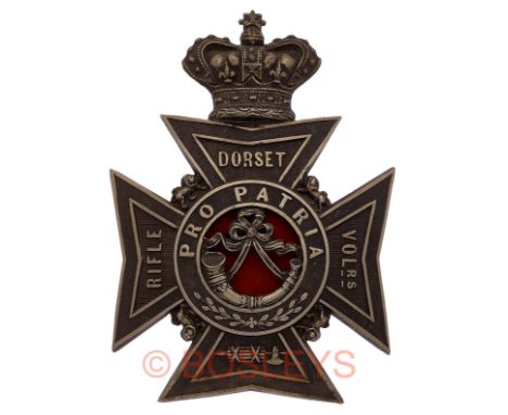 Dorset Rifle Volunteers Victorian Officer’s helmet plate.A scarce die-stamped blackened example with polished highlights. Cro