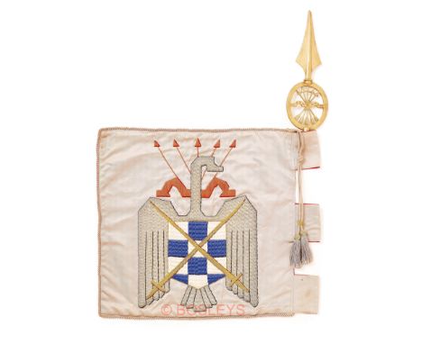 Spanish Civil War banner and flag finial of the Fascist University Militias circa 1936-39A rare grey cord edged red silk bann