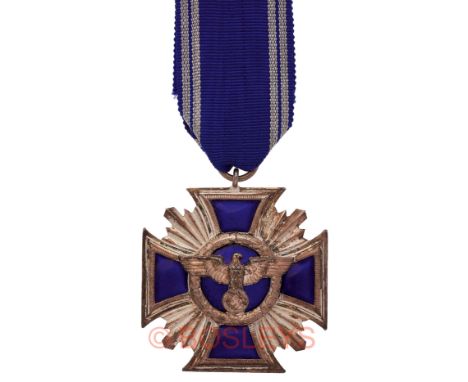 German NSDAP 2nd Class Long Service Medal for 15 years.A fine silvered example. The centre and cross in rich blue enamel with