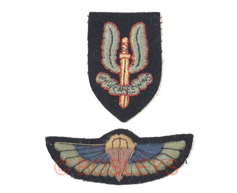 2 Special Air Service (SAS) cloth badges.Embroidered ‘winged dagger’ beret  ... parachute wings. GC (2 items)