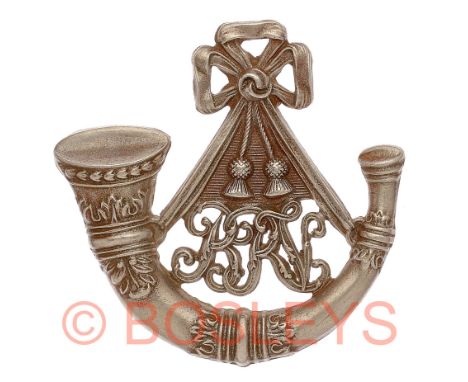Berkshire Rifle Volunteers Victorian shako / forage cap badge.A good scarce die-stamped white metal strung bugle with BRV cyp