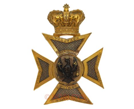 14th Light Dragoons 19th Century Officers’s shako plate circa 1830A fine rare die-stamped gilt example. Crowned Maltese cross