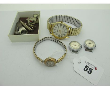 A 9ct Gold Cased Ladies Wristwatch, to gilt coloured bracelet, together with two ladies wristwatch heads only, and a modern I