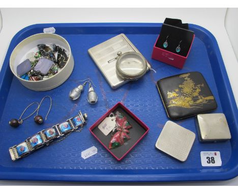 A Chinese Style Lacquered Cigarette Case, together with a 1930's silver plated compact, engine turned design, etc, together w