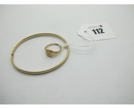 A 9ct Gold Signet Ring, initialled (finger size L), together with a modern plain bangle, stamped "375", (total weight 7 grams
