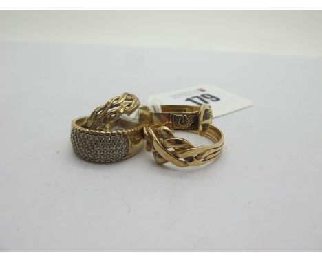 A 9ct Gold Puzzle Ring, (finger size W½), a 9ct gold buckle ring (finger size X), a wide 9ct gold inset band (finger size U) 