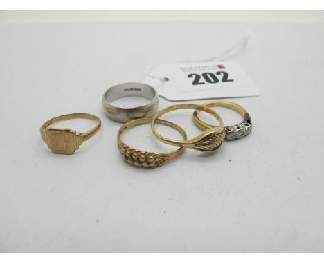 A Collection of Various Rings, including a 9ct gold keeper style ring (fingers size S), a 9ct gold open work dress ring (fing