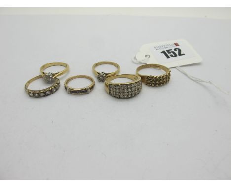 Six 9ct Gold Rings, including diamond set, keeper style, channel set, etc (finger sizes noted K-P) (total weight 14 grams).