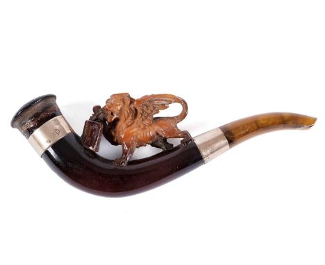 A gold-collared tobacco pipe, mounted with a carved figure of The Lion of St Mark, modelled as a winged lion wearing a halo a