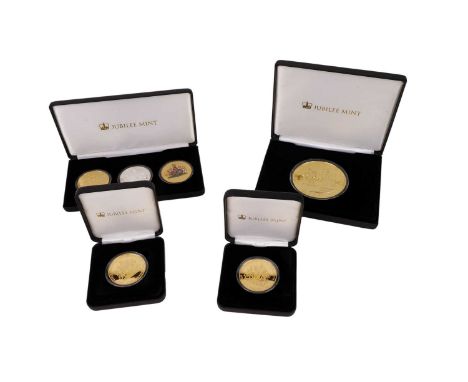A First World War commemorative gold plated silver proof £5 coin, weighing 5oz, cased with certificate of authenticity; toget