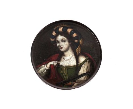 An early 19th Century German lacquered papier-mâché snuff box, attributed to Stobwasser, of circular form, the lid painted wi