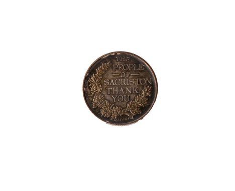 A First World War silver tribute medal, ‘Served in the great war 1914 – 1919’ and ‘The people of Sacriston thank you’, named 