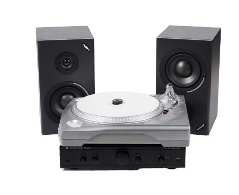 A pair of Alesis Monitor One Mk2 near-field monitor speakers; an Ion USB turntable; and a Cambridge Audio Mk3 integrated ampl