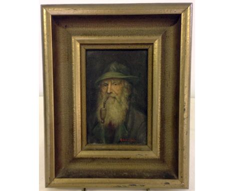 A small 19th century german gilt framed oil on canvas of an old man with pipe. Signed A. Rudolphi. Frame 27 x 21cm, canvas 15