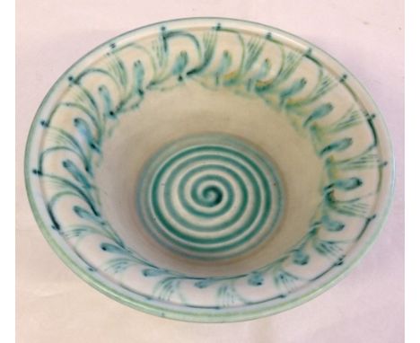 An Art Deco Pilkington Royal Lancastrian bowl in green spiral pattern with impressed 'Royal Lancastrian Made in England' and 