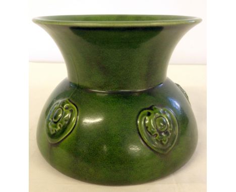 An Art Nouveau Pilkington Royal Lancastrian green squat vase. Bears date mark for 1909. 14cm diameter & 12cm tall.