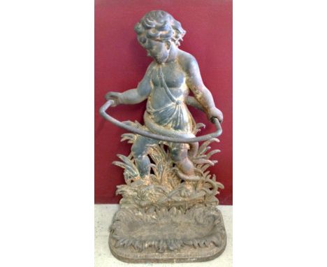 A cast iron stick stand in the form of classical boy with entwined snake 83cm (33") tall.