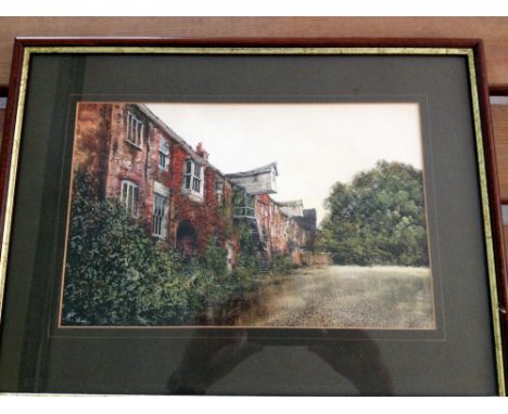 A framed & glazed watercolour of warehouses by R. Siger. 33 x 43cm.