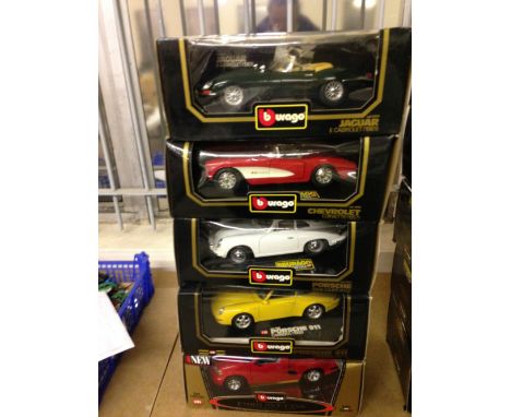 5 Bburago model cars. Four 1:18 scale: Jaguar E Cabriolet ('61), Porsche 356 B Coupe ('62), Chevrolet Corvette ('57), Porsche