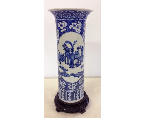 19th century Chinese blue & white vase, converted to stick stand, on wooden base of the period. Some restoration to rim.