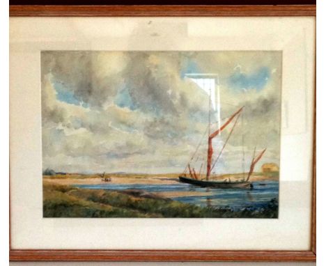 A framed & glazed watercolour of a barge loading hay at Canvey Island, Essex by Paul Smyth 1947 from a sketch of 1914. 36 x 4
