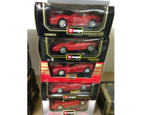5 boxed Bburago 1:18 scale red Ferraris: F50 ('95), F40 ('87), 360 Modena ('99), 550 Maranello ('96), 348 TB ('89).