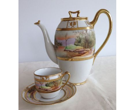 Vintage handpainted Nippon coffee pot 19cm tall with lakeland scene, with matching coffee can & saucer.
