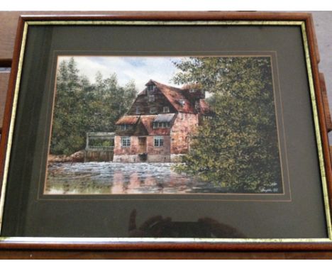 A framed & glazed watercolour of Houghton Mill by R. Siger. 33 x 43cm.