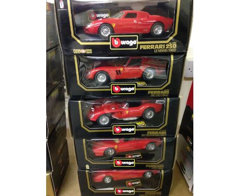5 boxed Bburago 1:18 scale red Ferraris: Testerossa ('84), GTO ('84), Testerossa ('57), 250 Le Mans ('65), 250 GTO ('62).