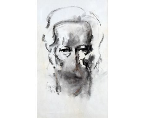 WILL ROBERTS charcoal - self portrait with distortion, signed and dated '89, 39 x 24cms