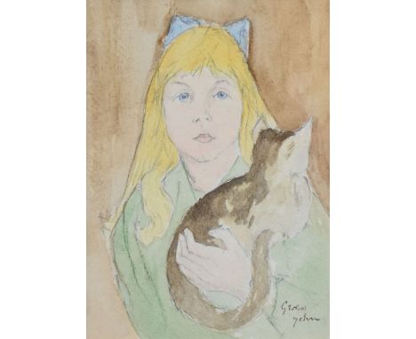 ATTRIBUTED TO GWEN JOHN watercolour and pencil - portrait of a girl holding cat, signed, 15 x 11cms