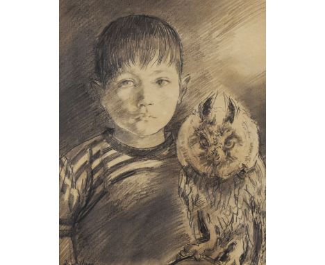 ANDREW VICARI pencil drawing - portrait of a boy with owl, signed, 33 x 26cms